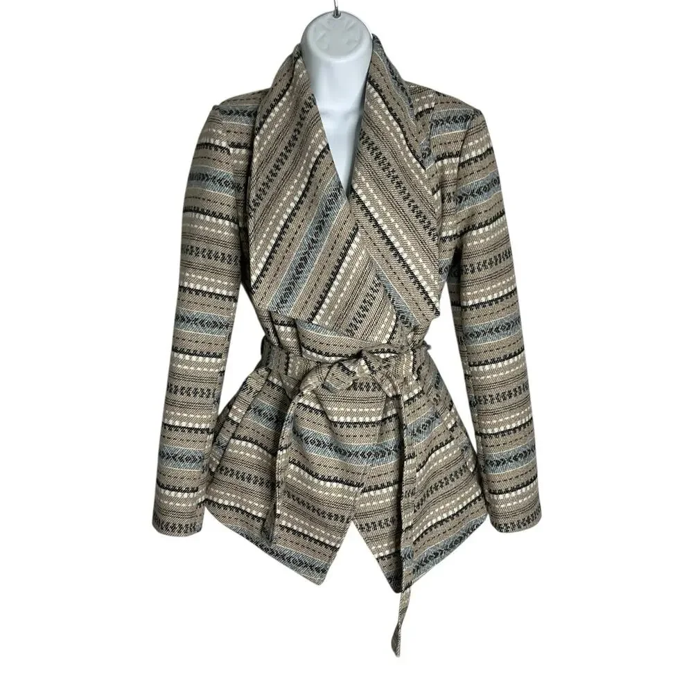 Jack BB Dakota Wrap Coat Jacket Women's S Blanket Belted Pockets Tan Blue Aztec